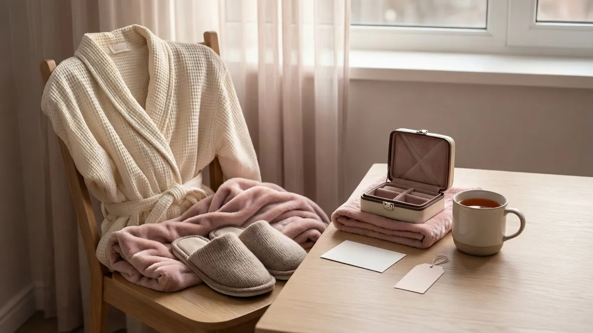A cream robe and pink blanket rest on a wooden chair beside a table holding a jewelry box, mug, and blank cards near a window.