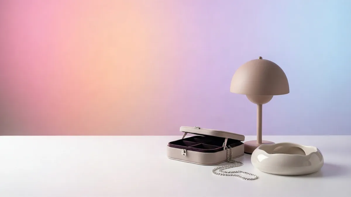 A rounded cream desk lamp, an open jewelry box with empty velvet compartments, a fine silver chain and a smooth ceramic dish on a white surface against a soft pink and blue gradient