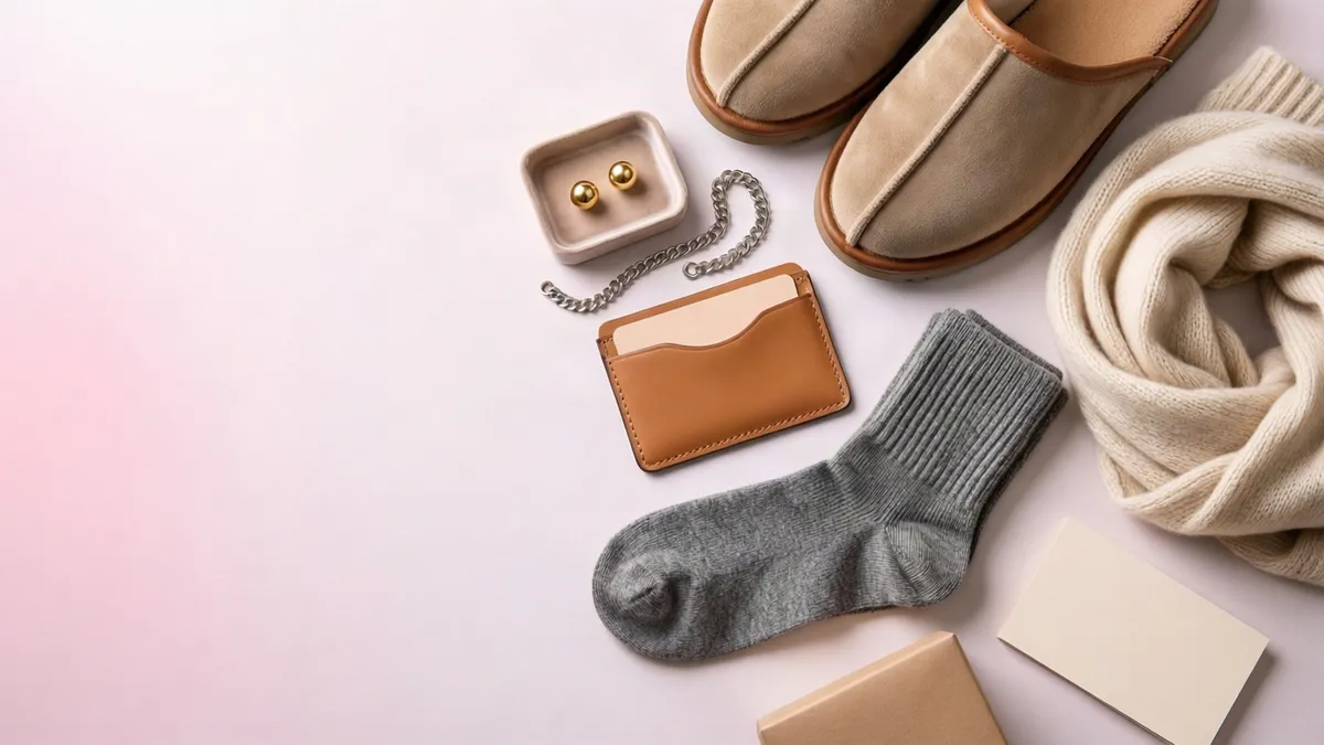Flat lay of beige slippers, a knitted scarf, a grey sock, a tan cardholder, gold earrings, and a silver chain on a soft pink and white background.