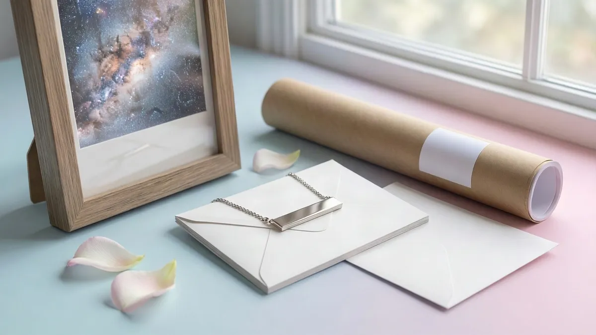 A silver bar necklace rests on white envelopes beside a wooden frame displaying a galaxy print, near a cardboard tube and pink petals on a pastel.