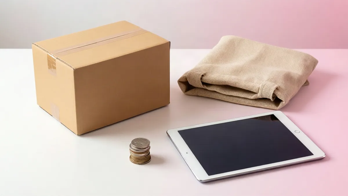 A cardboard box, folded beige cloth, silver tablet, and stack of coins rest on a white and pink surface under soft lighting.